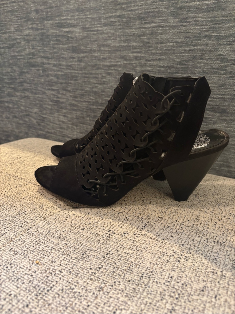 Vince Camuto Black Laser-Cut Lace-Up Peep Toe Heels